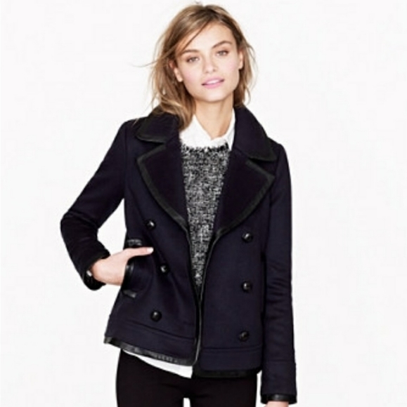 J. Crew Collection Leather Trim Wool Pea Coat - Picture 2 of 12